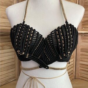 Black with Gold accent Women's macramé Halter Top